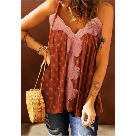 BellanBlue Tops - 08 Bohemian Floral Lace trim Cami Tank Top